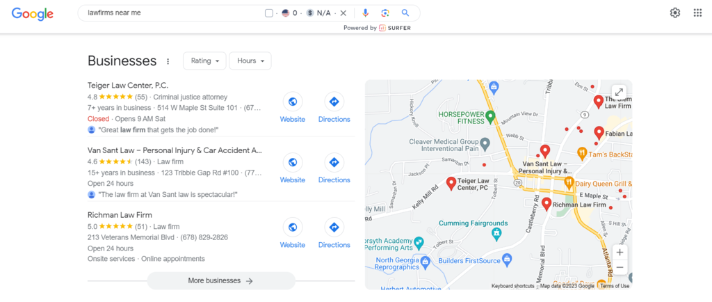 Google Maps section of Search Engine Results Page